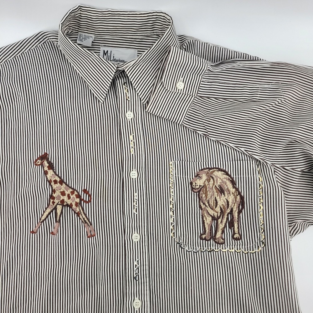 Mili Striped Button Down‎ Shirt Embroidered Giraffe Lion safari Animal Large
